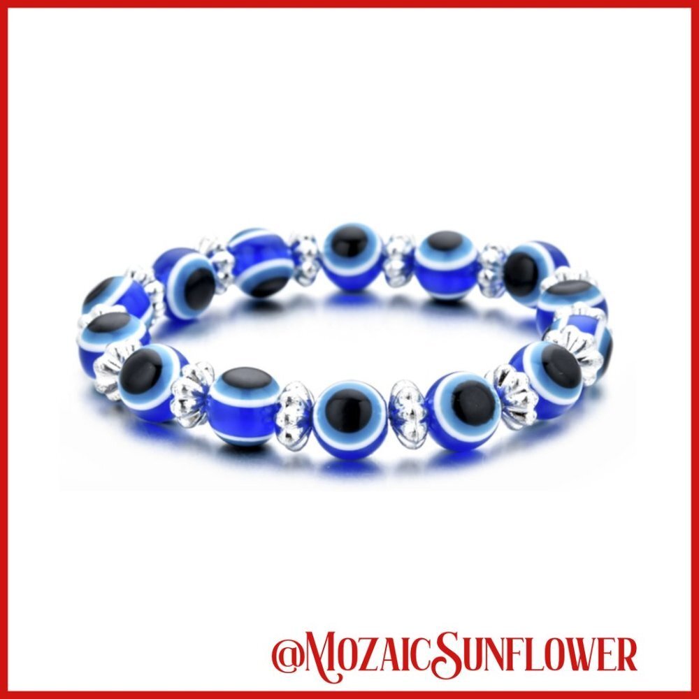 Evil Eye / Nazar Glass Bead Silver Spacer Adjustable Bracelet NWT